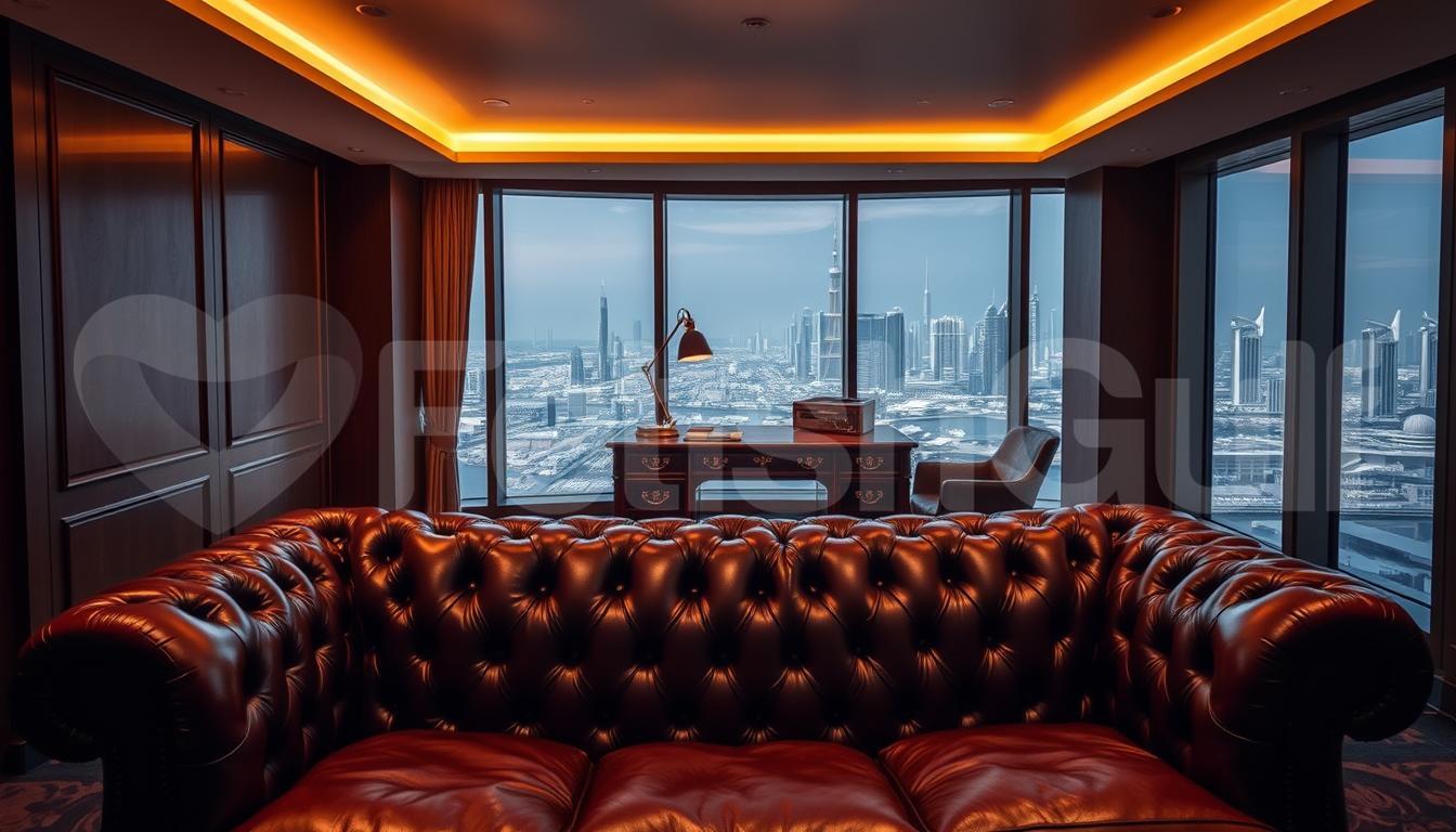 A discreet gentleman's lounge, dimly lit with warm amber tones. A luxurious leather chesterfield sofa dominates the foreground, inviting one to sink into its plush cushions. In the middle ground, a polished mahogany desk stands, its surface adorned with a brass desk lamp and a sleek tablet device. The background reveals a magnificent floor-to-ceiling window, offering a breathtaking view of the Dubai skyline. The overall atmosphere is one of exclusivity, sophistication, and refined elegance - a sanctuary for the discerning high-profile clientele.