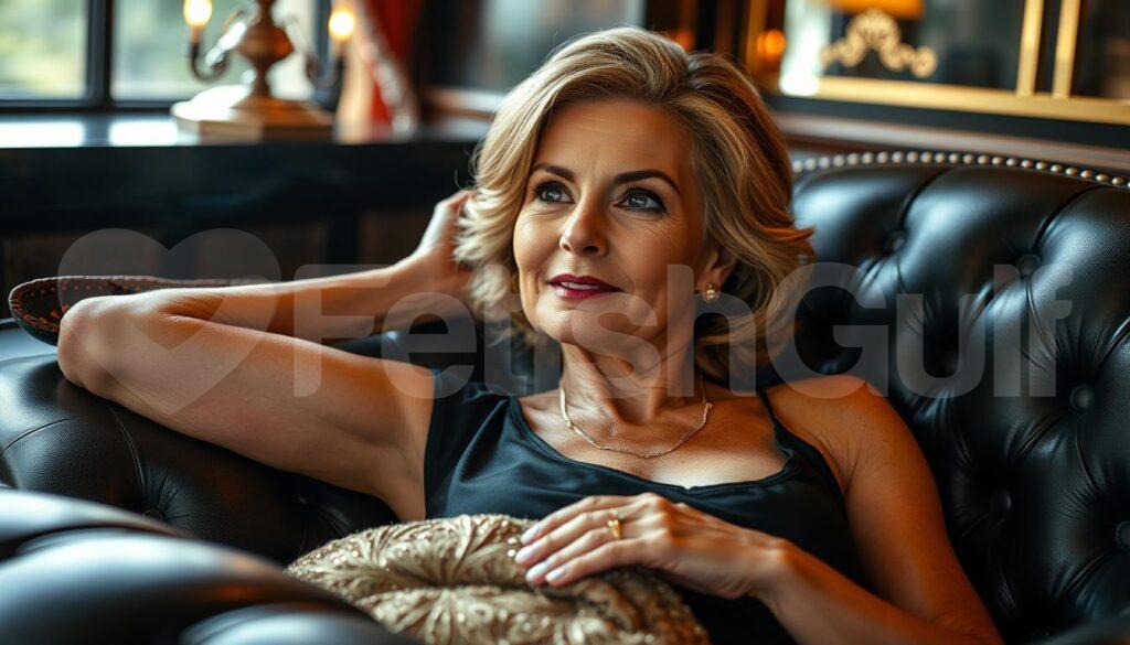A mature, refined woman reclines gracefully on a plush leather chaise, radiating an aura of sophistication and experience. Soft, warm lighting gently caresses her elegant features, accentuating the wisdom in her gaze. The lavish, art deco-inspired interior setting evokes a sense of discreet luxury, with rich, jewel-toned fabrics and gleaming metallic accents. Her confident, poised demeanor conveys the allure of a seasoned companion, one who can cater to the discerning tastes of high-profile clientele. The image exudes an atmosphere of exclusivity, discretion, and the rewards of selecting a partner with age and expertise.