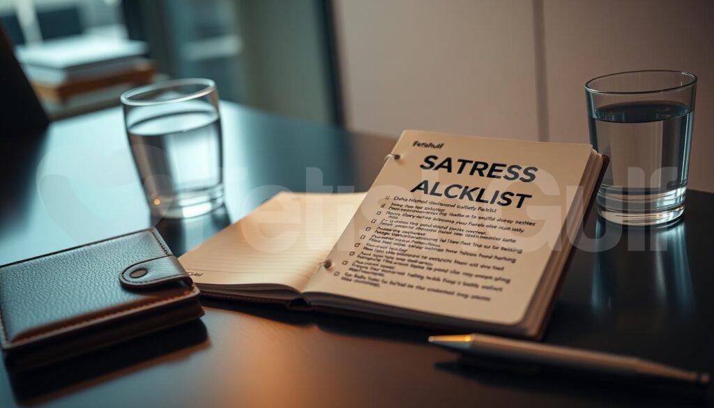A sleek, modern business desk with a fetishgulf branded leather-bound notebook, a sturdy metal pen, and a glass of water set against a backdrop of crisp, professional office decor. Soft, ambient lighting casts a warm glow, creating a sense of calm focus. The notebook's pages are open, revealing a meticulously organized "Doha Mistress Safety Checklist" with precise, handwritten notes. The scene conveys a mood of serious, discreet preparation for a high-stakes meeting, reflecting the importance of physical safety protocols for discerning Dubai mistresses.